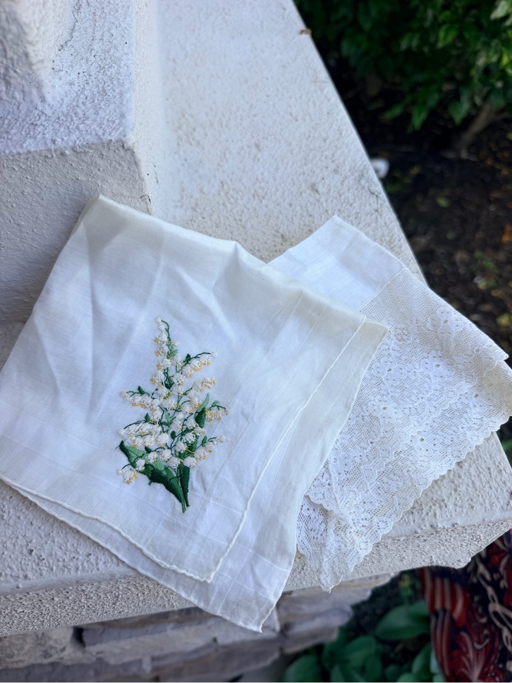 Vintage White Hankies Lot 2 Embroidered Lily Valley Floral Lace Bridal Wedding